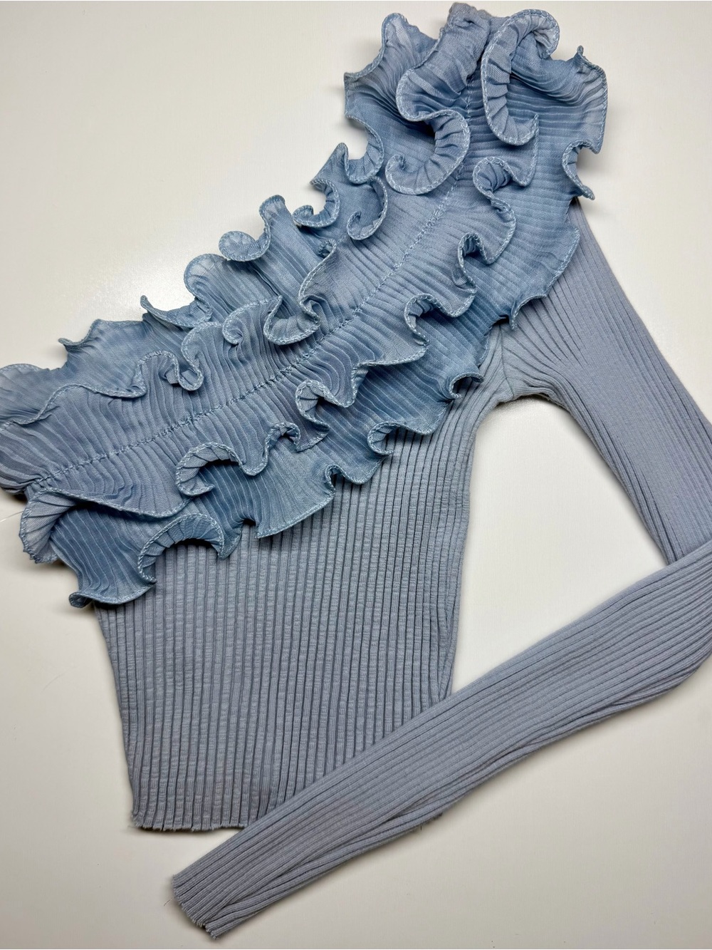 ZARA Blue One Shoulder Ruffle Ribbed Knit Top Long Sleeve Small